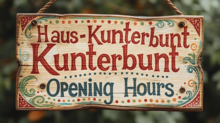 Holzschild mit der Aufschrift „Haus Kunterbunt – Opening Hours“