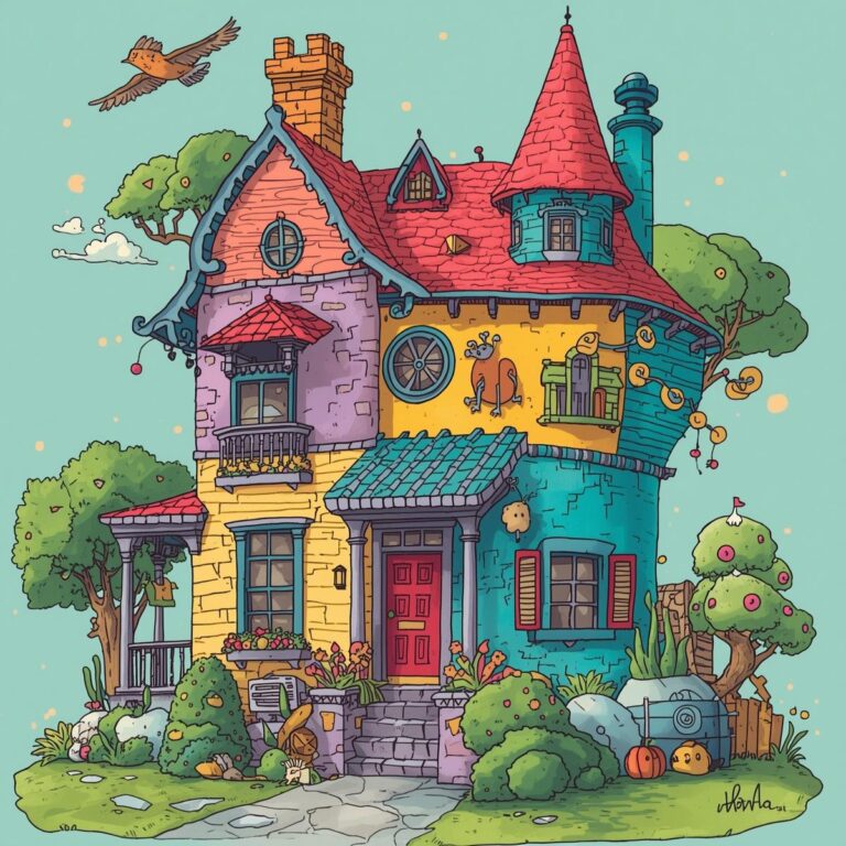Bunte Illustration des Haus Kunterbunt in Groß Midlum